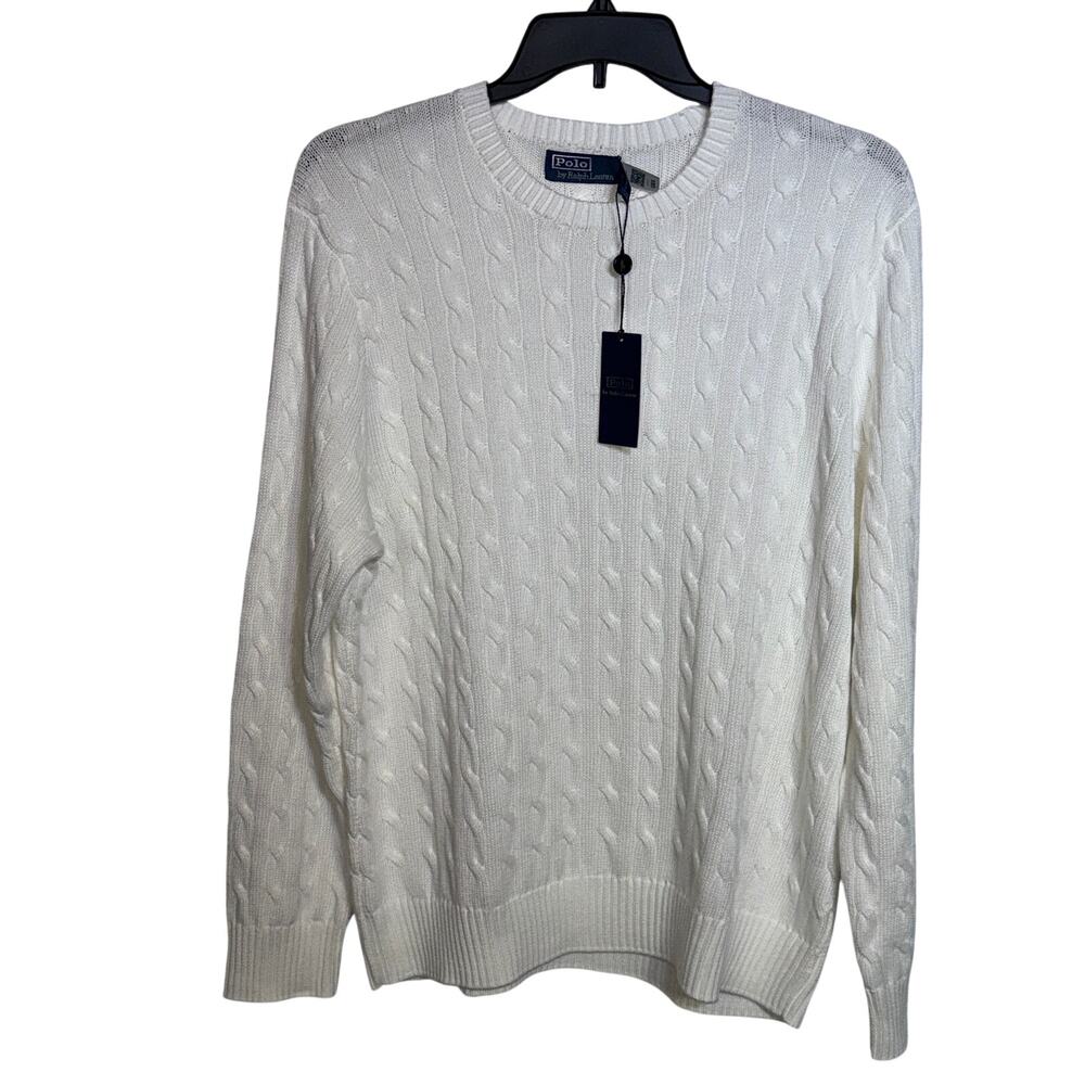 Polo Ralph Lauren Cable Knit Cotton Crewneck Sweater white XXL $268
